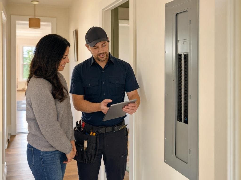 Electrician discussing a project with a homeowner beside an electrical panel