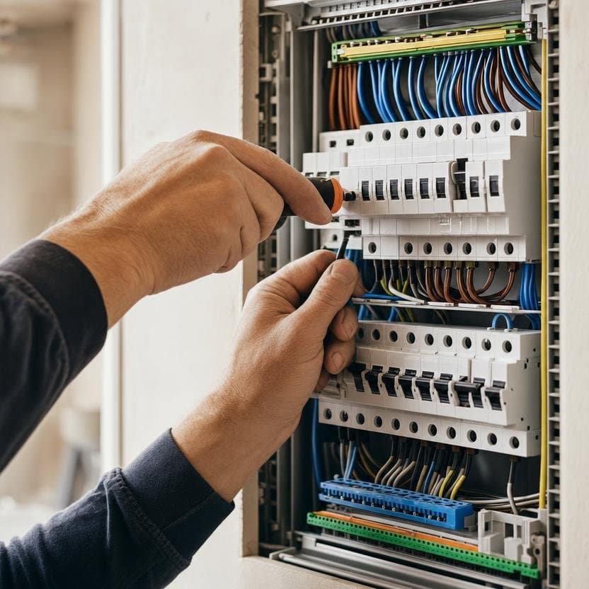 An electrician working on the wiring in an electrical panel