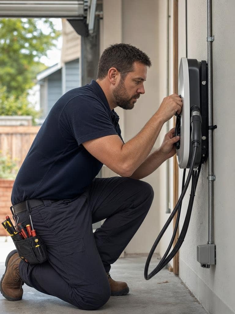 Electrician installing a wall-mounted home charger